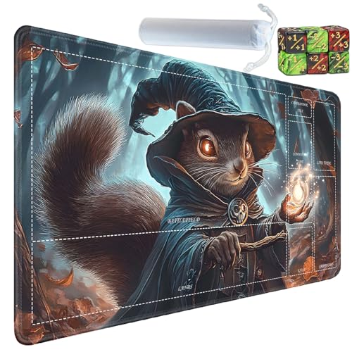 for MTG/TCG Playmat with Zones, 24 x 14 inches Trading Card Playmat with A Storage Bag and 6 Dice, Non-Lip Rubber Bottom Game Desk Mat, Squirrel Wizard in The Forest - color: Yux-playmats-2-3A-259