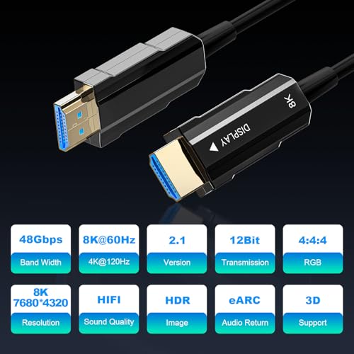 8K HDMI 2.1 Cable 6ft, Fiber Optic HDMI Cable, Ultra High Speed Thin HDMI Cord, 48Gbps, 8K@60Hz 4K@120Hz, Dynamic HDR, eARC, HDCP 2.2&2.3, 3D, for HDTV Monitor Game Laptop Xbox PS4/PS5 - size: 6ft/1.8m