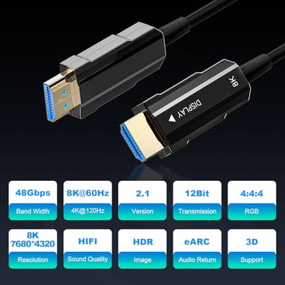 8K HDMI 2.1 Cable 3.3ft, Fiber Optic HDMI Cable, Ultra High Speed Thin HDMI Cord, 48Gbps, 8K@60Hz 4K@120Hz, Dynamic HDR, eARC, HDCP 2.2&2.3, 3D, for HDTV Monitor Game Laptop Xbox PS4/PS5 - size: 3.3ft/1m