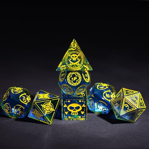 Cusdie 7-Piece Sharp Edges DND Dice Set with Pirate Design - Perfect for Tabletop RPGs Board Games Gifting and Collecting(Blue w/Yellow Pirate Pattern) - color: Blue W/Yellow Pirate Pattern