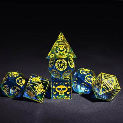 Cusdie 7-Piece Sharp Edges DND Dice Set with Pirate Design - Perfect for Tabletop RPGs Board Games Gifting and Collecting(Blue w/Yellow Pirate Pattern) - color: Blue W/Yellow Pirate Pattern