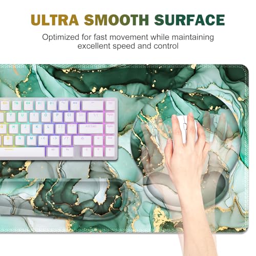 Gaming Mouse Pad, Large Desk Mat, Cute Desk Pad Protector 4in1 XXL Mousepad | Keyboard Wrist Rest+Mouse Wrist Rest+Coaster Set with Ergonomic Desk Pad for Home Office PC Computer, Green Marble - color: Green Marble