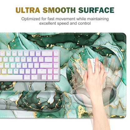 Gaming Mouse Pad, Large Desk Mat, Cute Desk Pad Protector 4in1 XXL Mousepad | Keyboard Wrist Rest+Mouse Wrist Rest+Coaster Set with Ergonomic Desk Pad for Home Office PC Computer, Green Marble - color: Green Marble