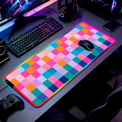 RGB Retro Coloful Checkered Gaming Desk Mat, Computer Keyboard Large Extended Long LED Mouse Pad for Office and Home, XL (W20) - color: Rgb-w20
