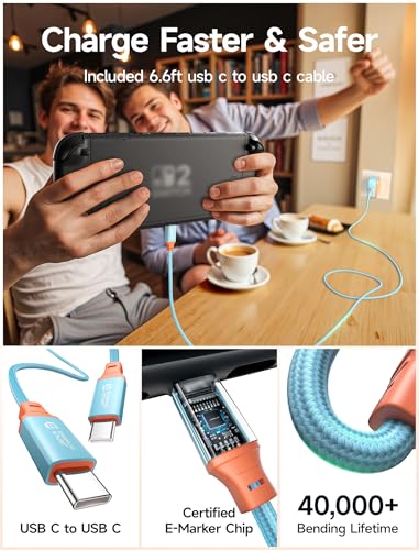 JSAUX 65W GaN USB C Charger for Switch 2, EU/UK Plug, 6.6FT Cable, Blue | Powers in TV Mode, GaN PD Fast Charge for ROG Xbox Ally, Steam Deck, ROG Ally, iPhone 17, Galaxy, Tablet & Laptop - color: Blue&Orange