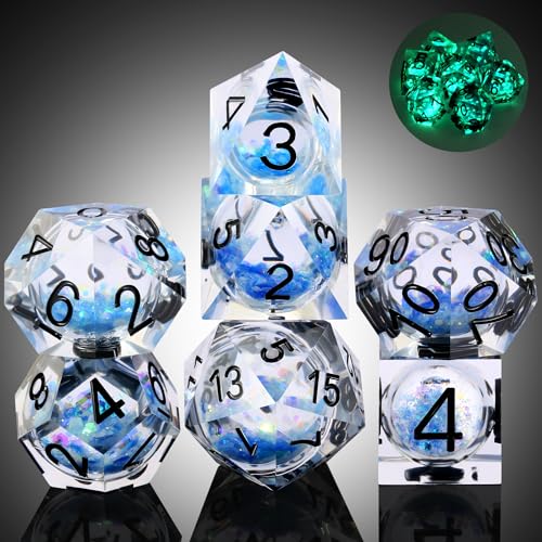 DNDND Glow in the Dark Liquid Sharp-Edge Dice Set 7PCS - Clear Resin Polyhedral DND Dice with Luminous Blue Liquid Orb & Glitter for D&D RPG Table Games （Glow Blue - color: Glow Blue