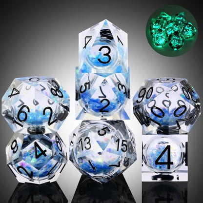 DNDND Glow in the Dark Liquid Sharp-Edge Dice Set 7PCS - Clear Resin Polyhedral DND Dice with Luminous Blue Liquid Orb & Glitter for D&D RPG Table Games （Glow Blue - color: Glow Blue