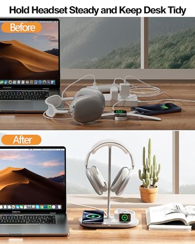 HiWe Headphone Stand, 2-in-1 MagSafe Wireless Charger for iPhone/iWatch | Headset Holder for All Headphones, Aluminum Alloy Bar, ABS Solid Base, PU Headrest, Table Desk Organizer - color: White