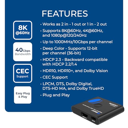 OREI 8K Bi-Directional HDMI Switch 2x1/1x2 – 8K@60Hz, 4K@60Hz, 40Gbps, HDCP 2.3, HDR10+, Dolby Vision (UHDS-212) | OREI 8K Bi-Directional HDMI Switch 2x1/1x2 – 8K@60Hz, 4K@60Hz, 40Gbps, HDCP 2.3, HDR10+, Dolby Vision