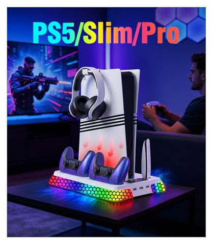 Cooling Station for PS5 Slim Pro,Vertical Stand with Adjustable Fan Charger | Gift for PS5 Long Gaming,3 Level Quiet Fan,Two Controller Charging,10 Colors Dynamic Mode,Headset Hook,USB Hub,Anti-Slip Base - color: White