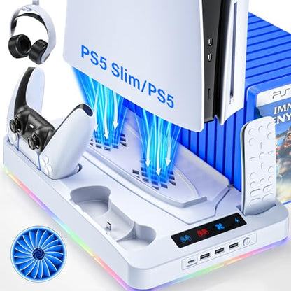 PS5/PS5 Slim Cooling Station, PS 5 Stand with Controller Charger for Playstation 5 Disc Console& Digital Console, for Playstation 5 Cooling Fan Accessories, LED,USB Hubs,Headset Holder,Games Slot