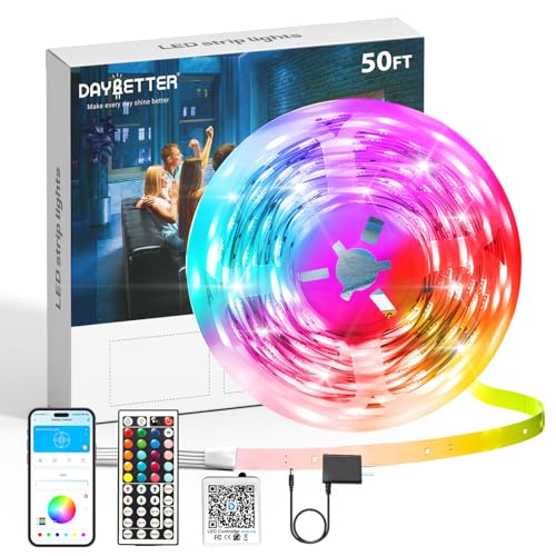 DAYBETTER Led Strip Lights 50 ft, Music Sync RGB Led Light Strips with Remote and App Control, Color Changing Led Lights for Bedroom, Home, Kitchen, Party, Room Decor - size: 50ft