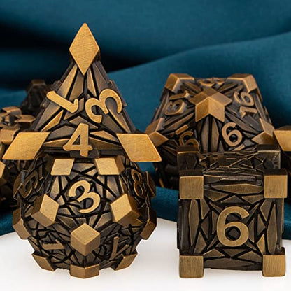 ARUOHHA DND Metal Dice Set Crystal Shards Dice with Gift Box, 7PCS Antique Gold Polyhedral Dice RPG Role Playing Game Handmade 6 Sided D and D Dice Set D20 D12 D10 D8 D6 D4 - color: Ancient Gold