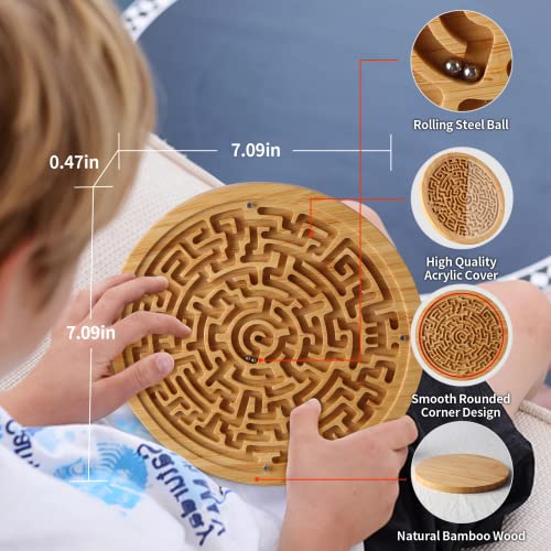 Round Wooden Labyrinth Board Game - Marble Maze for Education and Fun, Toddler Activity Board, Brain Teaser Puzzle Logic Game with Two Metal Balls for Kids, Adults, Teens, Boys, and Girls - color: Yellow