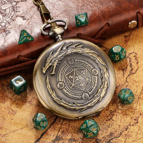 Dragon with D20 Theme Dice Set, Green Small Acrylic Dice for RPGs Pathfinder, DND Starter Set, Pocket Watch Dice Set Gift with Bag, Mystery Gifts for DND Fans, Stocking Stuffer Gifts - color: Dragon with D20