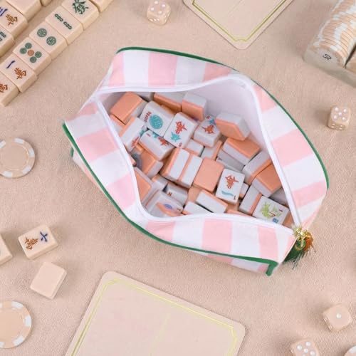 Sanwuta 1 Pcs Mahjong Tile Bag with Zipper,Pink, Green,Striped | Embroidered Mahjong Case for 166 American Mahjong Tiles (1.2") Portable Bags for Board Game Party Gathering Travel - color: Pink, style: Clean
