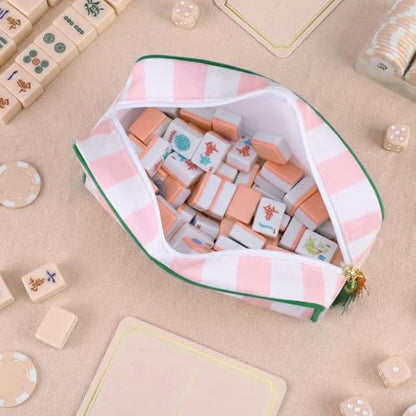 Sanwuta 1 Pcs Mahjong Tile Bag with Zipper,Pink, Green,Striped | Embroidered Mahjong Case for 166 American Mahjong Tiles (1.2") Portable Bags for Board Game Party Gathering Travel - color: Pink, style: Clean