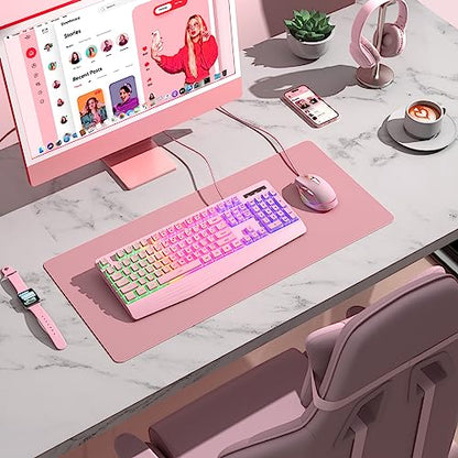 Pink Creamy Keyboard Wired, LED Backlit, 104 Keys Silent Light Up Gaming | Rainbow LED Backlit, Gaming Keyboard with Wrist Rest, PBT Keycap, Anti-ghosting, Waterproof USB Wired for PC Mac Xbox - color: pink