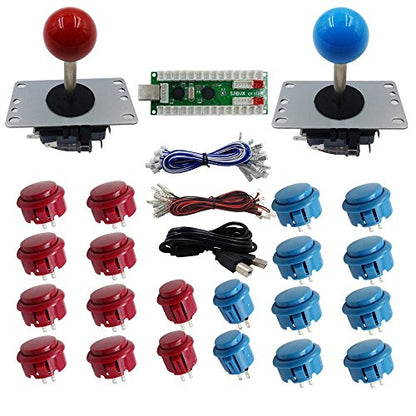 SJJX 2 Players DIY Arcade Game Button and Joysticks Controller Kits for Raspberry Pi and Windows,5 Pin Joysticks,Blue and Red Each with 10 Buttons - color: Red Blue