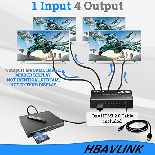HDMI Splitter 1 in 4 Out 4K 4 Port HDMI Splitter Powered Video Splitter 4 Outputs w/HDMI Cord+ AC Adapter Duplicate/Mirror Screens for Fire Stick/Roku/DirecTV/Cable Box/Security Cameras - size: Splitter 1x4 4K@30Hz