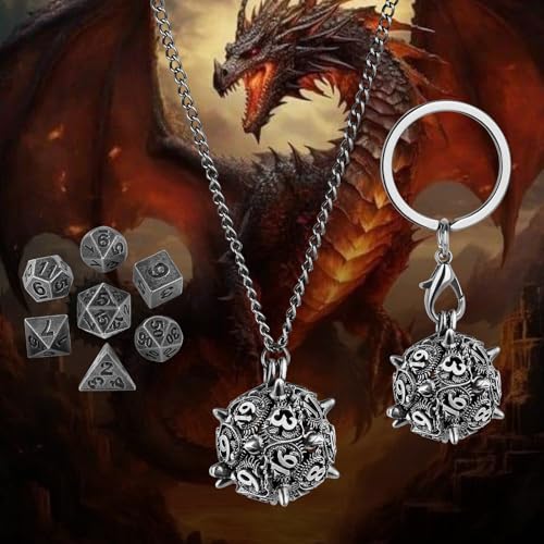 Mini DND Dice Set with D20 Spike Metal Cage Portable Keychain Necklace, Tiny 7pcs Polyhedral D&D Dice Set, DND Gifts with Gift Box, D&D Accessories for RPG, Dark Silver - color: Dark Silver