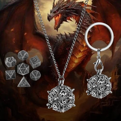 Mini DND Dice Set with D20 Spike Metal Cage Portable Keychain Necklace, Tiny 7pcs Polyhedral D&D Dice Set, DND Gifts with Gift Box, D&D Accessories for RPG, Dark Silver - color: Dark Silver