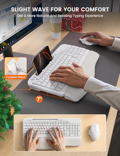 Wireless Keyboard and Mouse Combo with Ergonomic Wave Key | Leather Soft Palm Rest, Rechargeable, 4-Level DPI, Phone Holder, 2.4GHz, MA22 Plus Full Size Set for PC, Laptop, Windows, Mac - color: Cloudy White