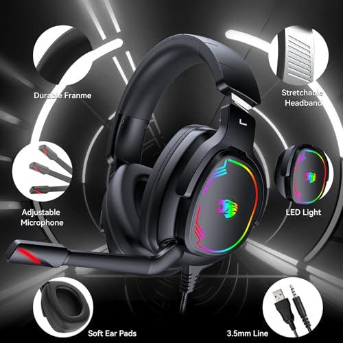 Jimonyer Gaming Headset with Microphone, 7.1 Surround Sound and Noise Canceling Over Ear Headphones for PC/PS4/PS5/Xbox Series/Switch, RGB Light and Soft Imitation Protein Earmuffs(Black) - color: Black