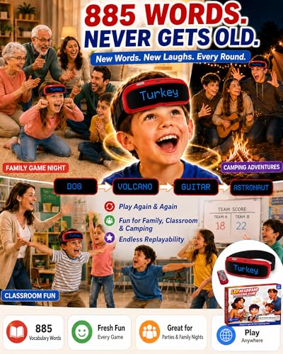 LED Headband Guessing Game for Kids Ages 6-12, 885 Vocabulary Words, 3 Difficulty Levels, Family Board Game, Classroom Learning Activity, Screen-Free Party Game, Educational Gift for Boys & Girls.