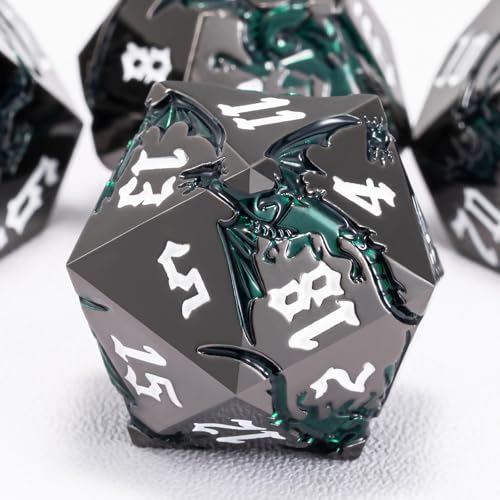 Sharp Edge Metallic DND Dragon Dice Set,Metal Polyhedral Dice with Dragon for Dungeons and Dragons RPG TTRPG D&D 7-Die Set with Gift Case - color: Dragon-black Nickel Sparkle Deep Green