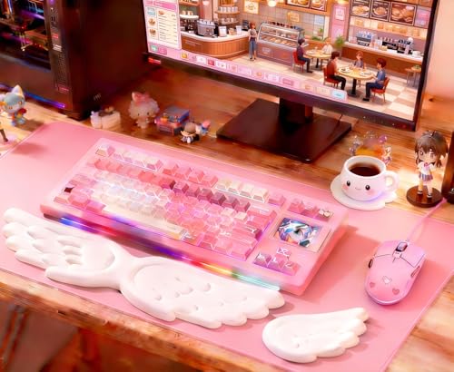 Angel Wing Wrist Rest Ergonomic Memory Foam Wrist Rest for Computer Keyboard Mouse Set with Cup Mat, Cute Gaming Keyboard Cushion Hand Support PU Leather Surface Anti-Slip Waterproof（White） - color: White