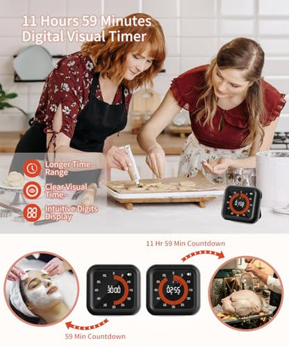Digital Magnetic Visual Kitchen Timer, Up to 11H 59M Countdown & Count Up | USB-C Rechargeable, Large VA Display, Adjustable Volume and Brightness, Memory Recall Function for Kitchen, Classroom, Study - color: Black