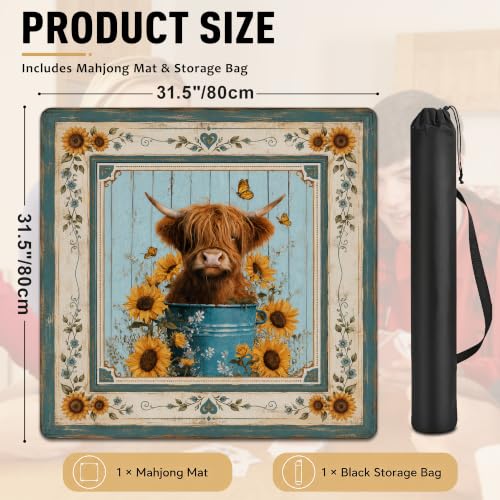 Mahjong Mat–31.5 x 31.5 Highland Cow Sunflower American Mahjong Table Mat, Non Slip Noise Mahjong Gaming Table Cover for Mahjong, Poker, Card, Board Tile Games - color: Highland Cow Sunflower