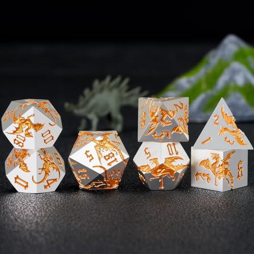 Metal D&D Dragon Dice Set,Metallic DND Polyhedral Dice for Dungeons and Dragons RPG TTRPG D&D 7-Die Set with Gift Case Pearl Silver Gold - color: Pearl Silver Gold