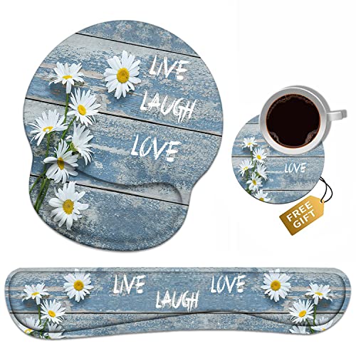 Keyboard Wrist Rest + Mouse Pad Wrist Support Set with Coasters, Dreamy Daisy Vintage Wood Board Live Laugh Love Design Non-Slip PU Base Ergonomic Mousepad for Home Office Working Studying - color: Dreamy Daisy Vintage Wood Board Live Laugh Love