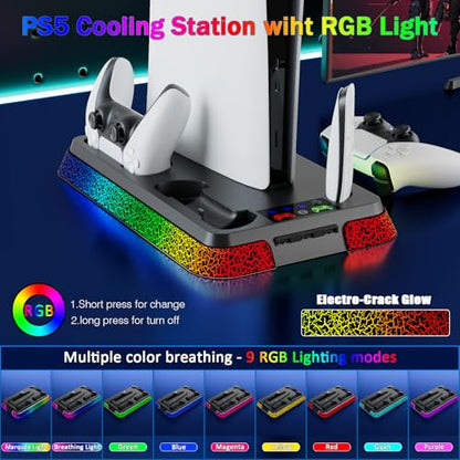 PS5/Slim/Pro Stand and Cooling Station with RGB Controller Charging Station for PlayStation 5 Console, PS5 Controller Charger, PS5 Cooling Stand, PS5/Slim/Pro Accessories Kit with 3 Level Cooler Fan - color: Boom-black