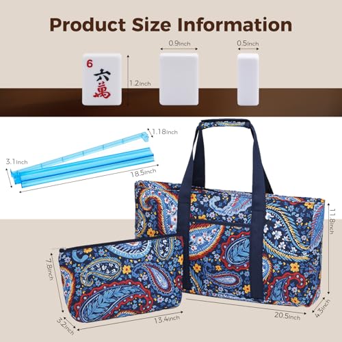 American Mahjong Tile Set with Navy Printed Carrying Bag, 166 Premium White Tiles, 4 All-in-One Color Racks/Pushers, Mah Jongg Sets, Complete Mahjong Game Set for Travel - color: Navy Print