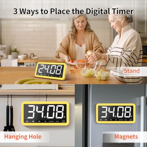 Large 7.8" Digital Timer, Magnetic LED Timer for Kitchen & Classroom | USB-C Rechargeable, Up to 99 Hours Count Up & Countdown Timer with 3 Brightness Levels, 4 Alert Modes and 3 Volume Levels - color: Yellow