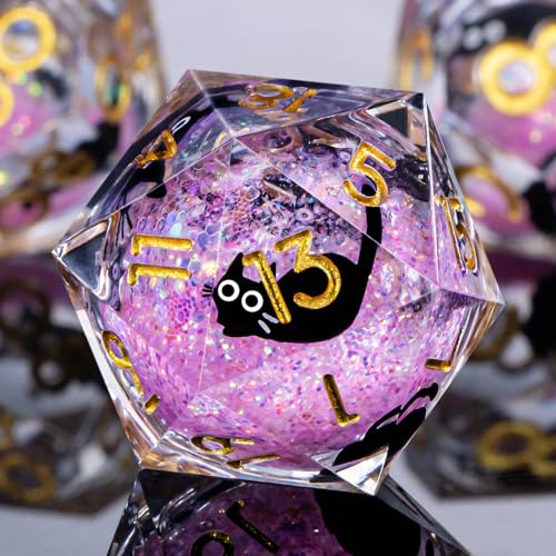 Roycevon Resin DND Dice Set with Gift Box, 7Pcs Liquid Core Cat D&D Dice, Cute Dungeons Dragons D and D Dice, Sharp Edge Role Playing Game Dice D20 D12 D10 D8 D6 D4, Pink - color: Pink