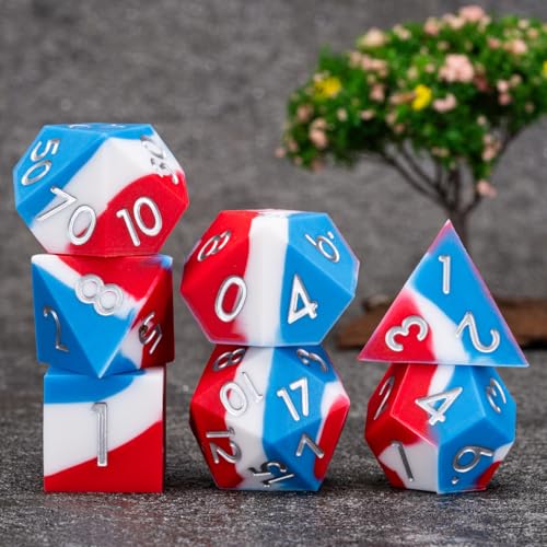 D&D Silicone Rubber Polyhedral DND Dice Set,Sharp Edges Soft Perfect Bouncer for Dungeons and Dragons, RPG, MTG (D4, D6, D8, D10, D12, D20, D%) for Ages 15 and Up - color: Blue White Red