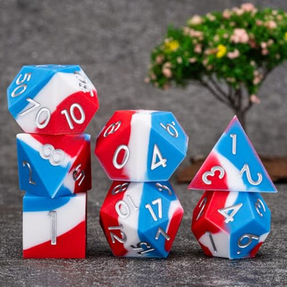 D&D Silicone Rubber Polyhedral DND Dice Set,Sharp Edges Soft Perfect Bouncer for Dungeons and Dragons, RPG, MTG (D4, D6, D8, D10, D12, D20, D%) for Ages 15 and Up - color: Blue White Red