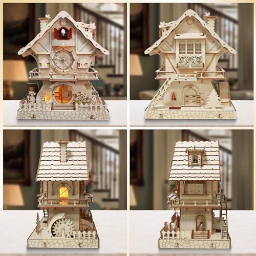 Cuberie 3D Wooden Puzzles Cuckoo Clock - DIY Model Kits for Adults with Music Box, Wood Building Project for Home Decor, Creative Gift for Teens (Age 14+)