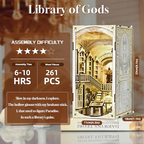 MiniCity Library of Gods Book Nook Kit, 3D Wooden Bookshelf Puzzle with LED | Build an abbey library in 6-8 hr; 261-piece kit includes LED, dust cover, glue/tools and guide for shelf display, ages 14+. - style: Library of Gods
