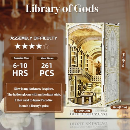 MiniCity Library of Gods Book Nook Kit, 3D Wooden Bookshelf Puzzle with LED | Build an abbey library in 6-8 hr; 261-piece kit includes LED, dust cover, glue/tools and guide for shelf display, ages 14+. - style: Library of Gods