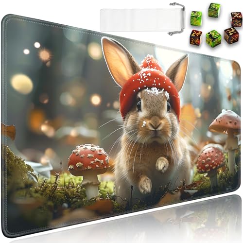 for MTG Playmat + Drawstring Travel Pouch + 6 Dice Counter, for Tabletop Trading Card Game Playmats or Mouse Pad, Anti-Slip Rubber 24 x 14 in, Rabbit Mushroom Explorer for TCG Playmat (No with Zone) - color: JV-Playmat-6-1-E130