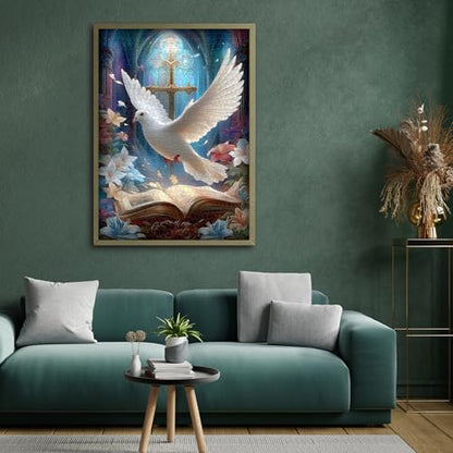 Christian Puzzles for Adults 1000 Pieces, Easter Religious Puzzle with Cross, Bible and White Dove, Catholic Book Floral Bible Jigsaw Puzzle, Faith Bird Religious Wall Decor