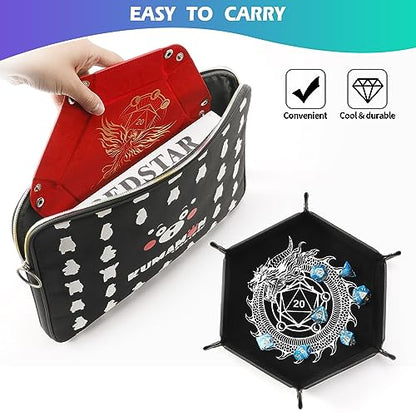 2 Pcs Portable Folding Dice Rolling Tray Set for RPG DND Table Games - PU Leather and Velvet Holder Storage Box - Dragon and Phoenix - color: Dragon and Phoenix