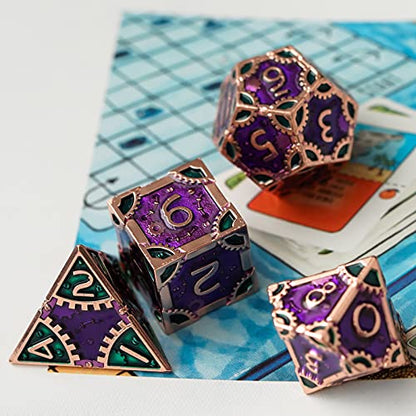 UDIXI Metal Dice Set D&D Steampunk Gear Metal DND Dice for Tabletop Games | 7PCS, Purple, Solid Metal, Metal Gift Box, DM Gift, for Dungeons and Dragons RPG Role Playing Games - color: Gear-purple With Green