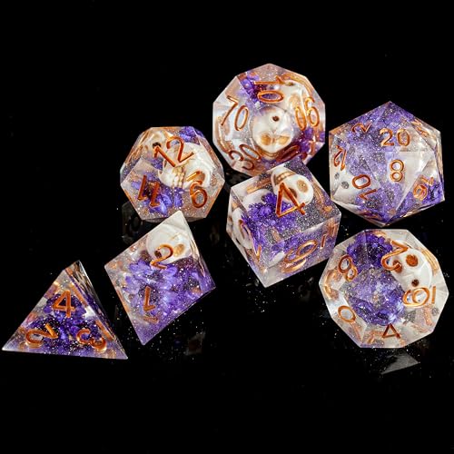 FugaCity Dice Set,Handmade Sharp Edge 7 Piece Resin Dice-Dungeon&Dragons Polyhedral Dice Set, D&D Dice Set with Gift Dice Case for RPG MTG Table Games - color: D-purple Flower & Skelet