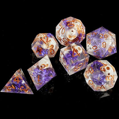 FugaCity Dice Set,Handmade Sharp Edge 7 Piece Resin Dice-Dungeon&Dragons Polyhedral Dice Set, D&D Dice Set with Gift Dice Case for RPG MTG Table Games - color: D-purple Flower & Skelet